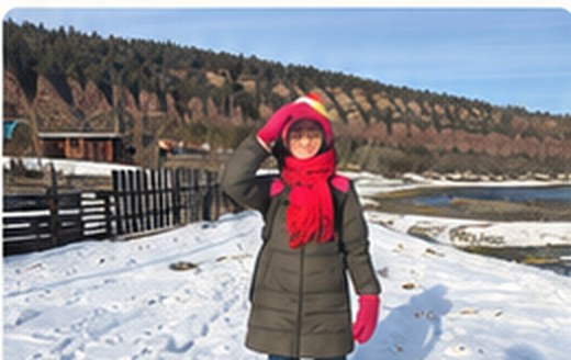 Гостья в красном шарфе на фоне утёса зимой