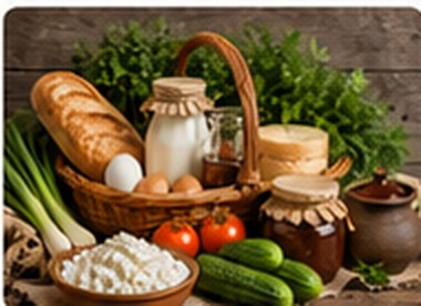 Корзина с хлебом, молоком и овощами